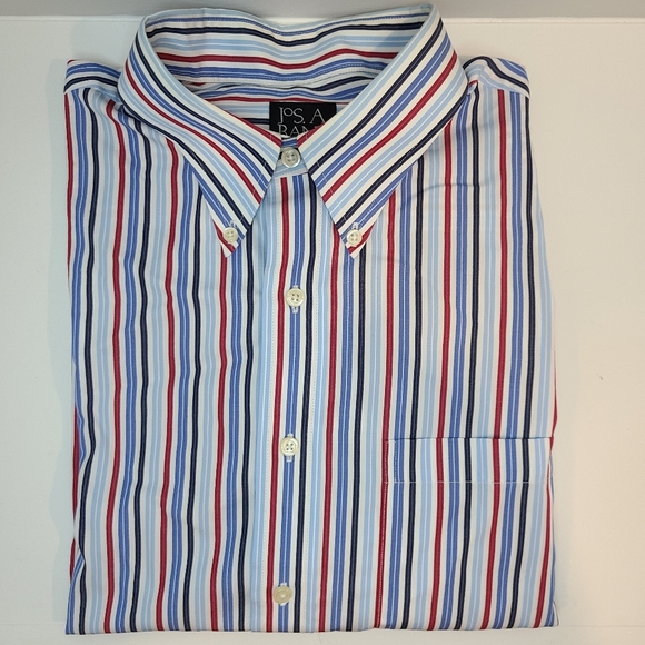 🍉 Jos A Bank Red White Blue Striped Cotton Shirt - Picture 2 of 4